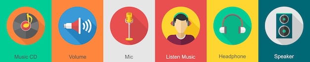 A set of 6 music icons as music cd volume mic