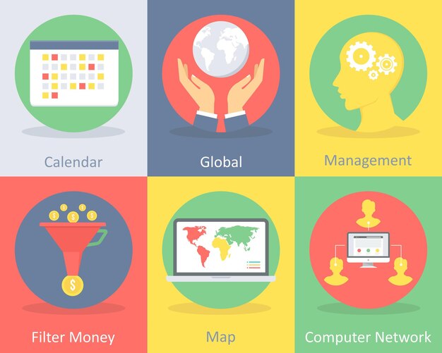 A set of 6 seo and development icons such as calendar global management