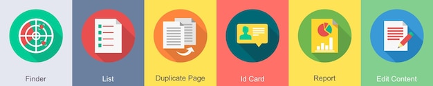 A set of 6 SEO icons as finder list duplicate page id card