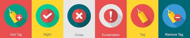 A set of 6 User interface icons as add tag right cross