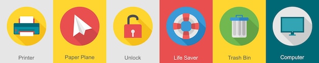 A set of 6 User interface icons as printer paper plane unlock