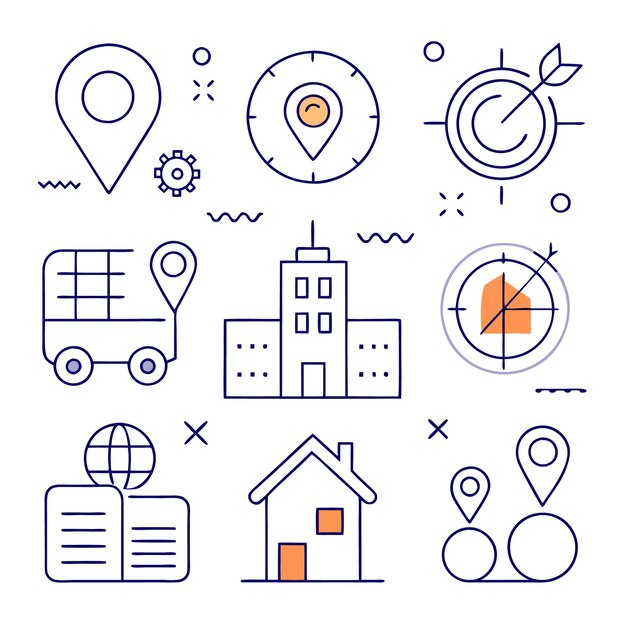 A set of 9 line icons related to location direction and place
