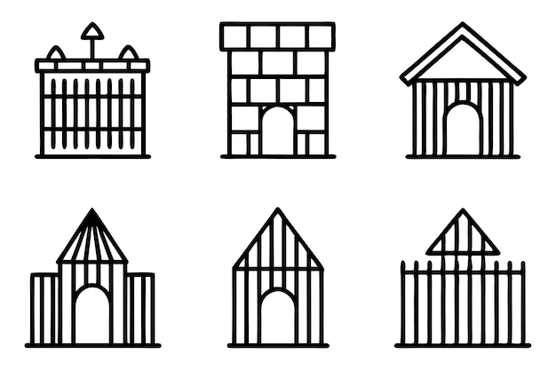 a set of black and white images of houses with a building in the background