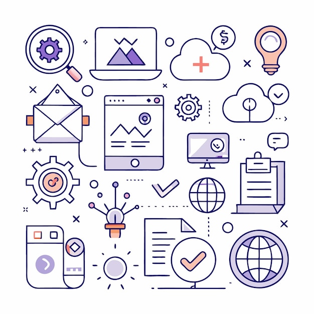 A set of colorful line icons representing web design and development concepts