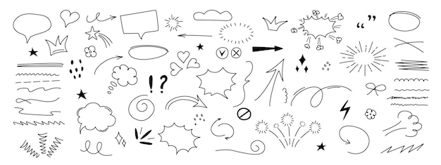 A set of hand drawn sketch elements including arrows brush strokes speech bubbles explosions and
