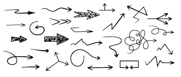 A set of handdrawn arrows in doodle style Pointers or cursors of different shapes and directions zigzag intricate arrows and curves linear and shaded Vector illustration