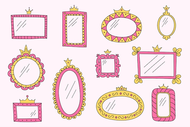 A set of handdrawn minimalist mirror doodles Girly vector frames for little princesses of different