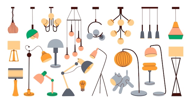 A set of lighting fixtures for home decor Decorative floor lamp Diverse lighting for interior design Flat vector illustration