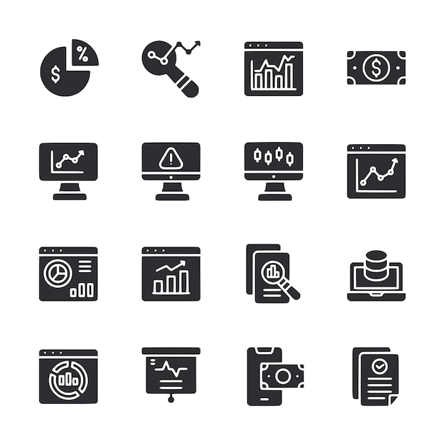 A set of line drawings of graphs and charts