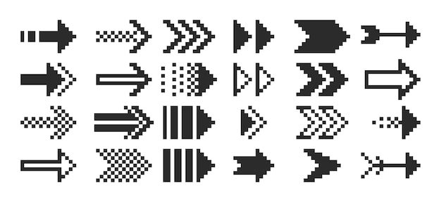 A set of pixel arrows a double arrow a mouse pointer 8bit pointers for game assets