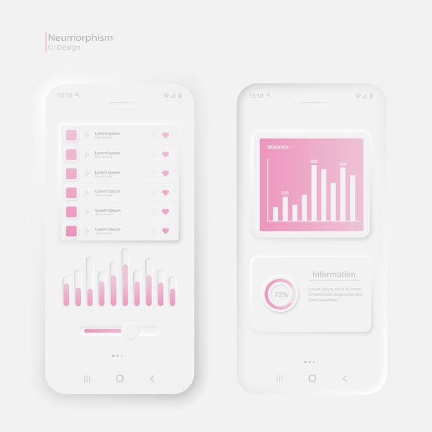 a set of smartphone screens in the neymorphism style on a white background
