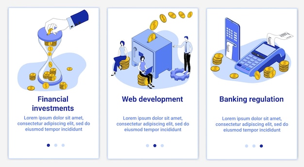 A set of UI and UX interfaces smartphone screensTopic Financial investments and banking operations