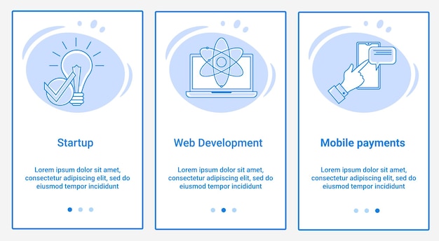 A set of UI and UX interfaces The topic is Startup Web Development and Mobile Messaging
