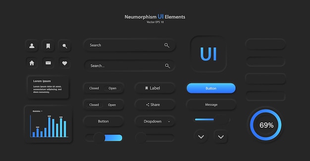 a set of user interface elements for a mobile application in black and blue