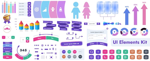 A set of user interface elements UI kit intended for use in mobile applications and websites It contains a large collection of icons buttons and has cartoonish rounded shapes
