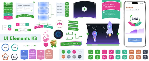 A set of user interface elements UI kit intended for use in mobile applications and websites It contains a large collection of icons buttons and has cartoonish rounded shapes