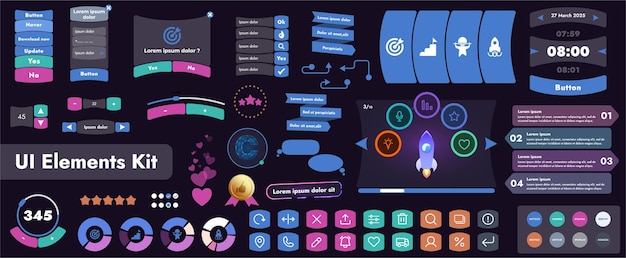 A set of user interface elements UI kit intended for use in mobile applications and websites It contains a large collection of icons buttons and has cartoonish rounded shapes
