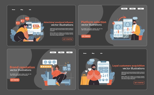 A set of vector illustrations showcasing diverse aspects of native advertising from emotional
