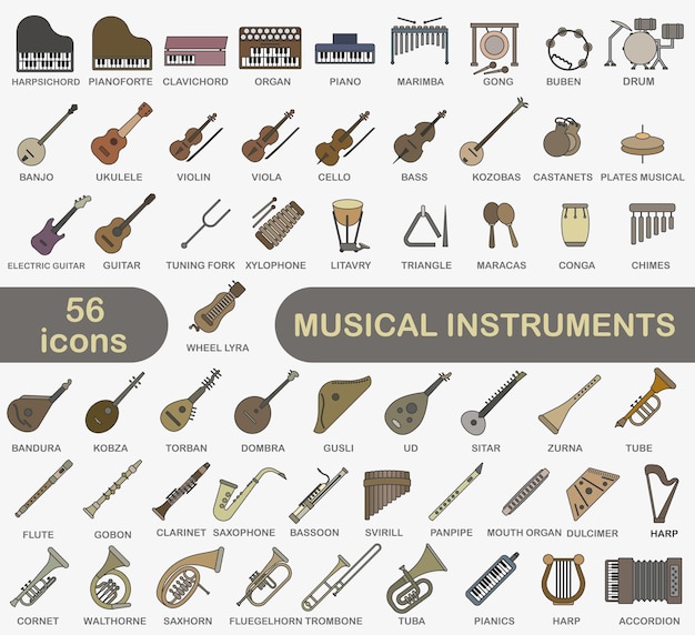 A simple set of colored musical instruments with a stroke Images of various musical instruments