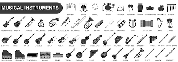 A simple set of dark hollow musical instruments Images of various musical instruments with titles