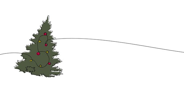 A single line drawing of christmas tree with star and balls Continuous line pine tree icon in color