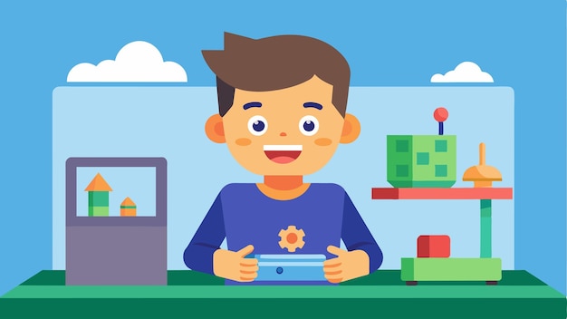 A smiling boy confidently using a d printer to bring his imagination to life designing and creating