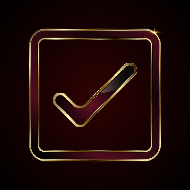 A sophisticated golden checkmark is enclosed within a square golden frame The glossy black and deep