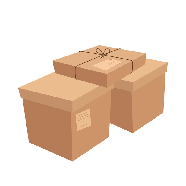A stack of craft boxes of different sizes. Packages with postal addresses made of cardboard.