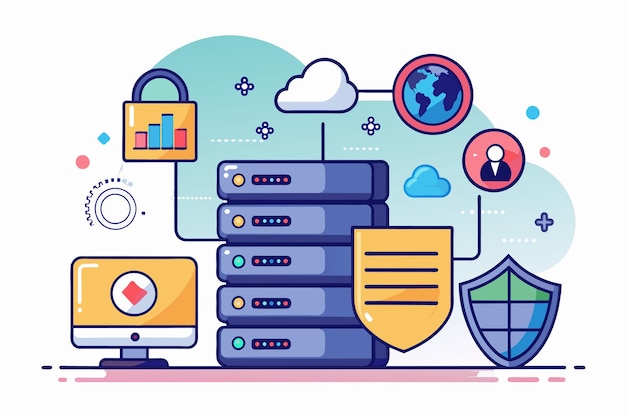 A stack of data files secured with a padlock on top symbolizing data security in storage Data security in storage web hosting Simple and minimalist flat Vector Illustration