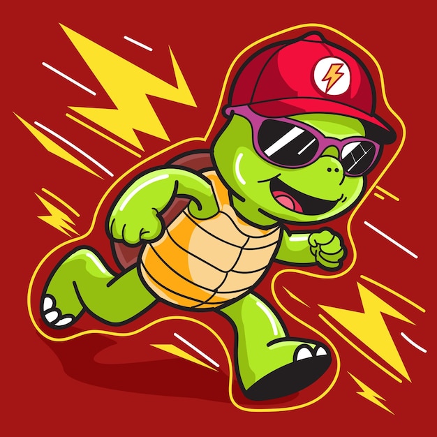 A Turtle Cartoon illustration Running wearing a red hat with thunder around for design element
