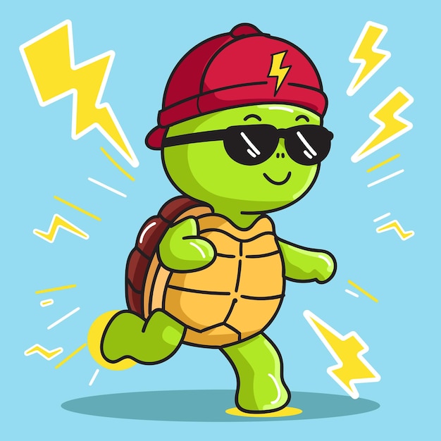 A Turtle Cartoon illustration Running wearing a red hat with thunder around for design element