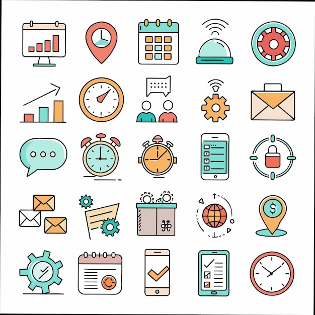 a variety of business icons including a clock a clock and a web page