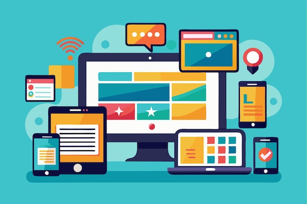 A variety of customizable web devices showcase colorful user interfaces emphasizing interactivity in a modern digital design context