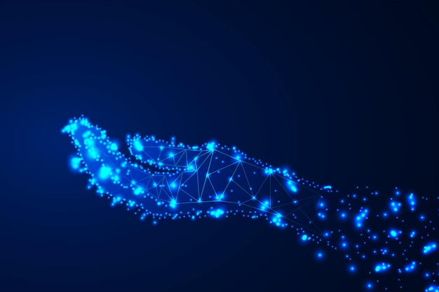 a vector image of artificial intelligence in the form of a glowing hand with the palm facing up