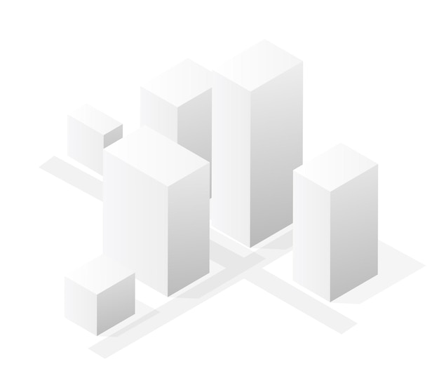 A vector isometric illustration of a white city on white design street buildings