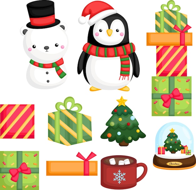 a vector of many objects related to Christmas