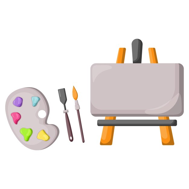 A vector set consisting of an easel a palette with colored acrylic paints an art brush and a palet