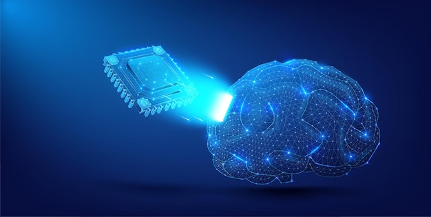 A visual metaphor of AI and machine learning with a glowing digital brain connected to microchip on a dark blue background Futuristic Neural Network Concept with Glowing Digital Brain and Microchip
