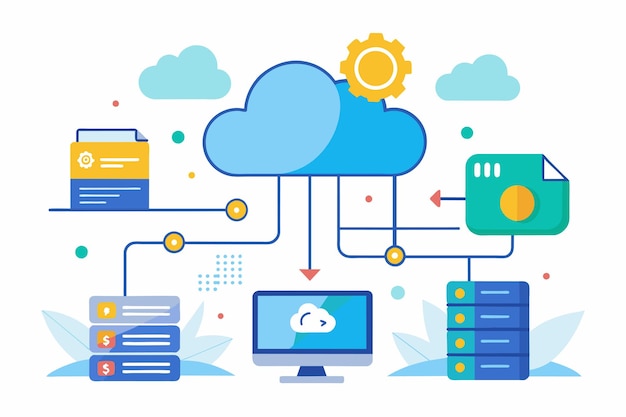 A visual representation of a cloud storage data connection between a computer and printer Cloud storage data storage process vector Simple and minimalist flat Vector Illustration