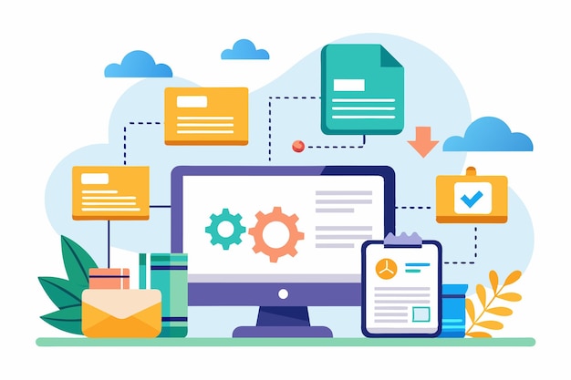 A visual representation of customizable file transfer processes on a computer with various documents and elements Transfer files Customizable Flat Illustration