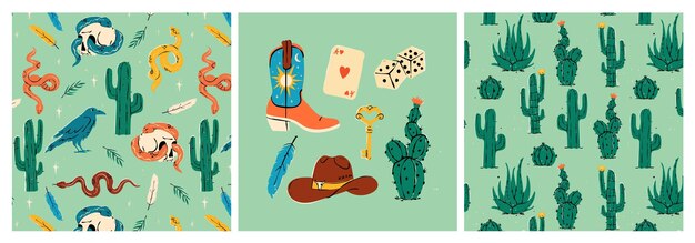 A Westernthemed vector illustration set with cowboys horses hats boots skulls cacti and classic Wild West elements Perfect for tshirts stickers posters and branding