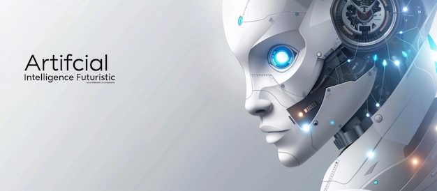 A white robot with blue eyes and a watch on its face