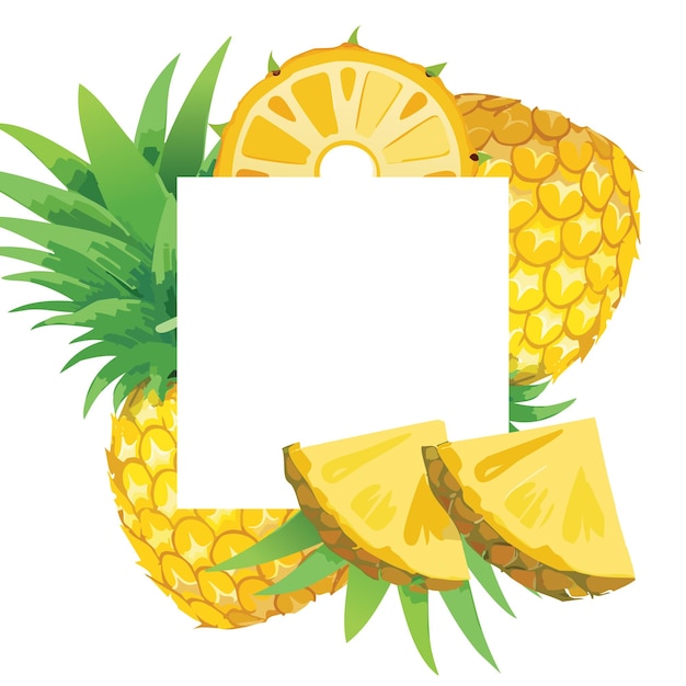 a whole pineapple surrounded by slices arranged around a clean white patch in the center