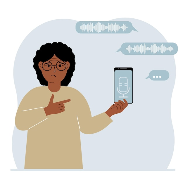 A woman holds a smartphone using a voice assistant application Voice recognition concept Smart speaker applications office controller handsfree phone calls voice command software