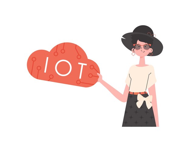 A woman holds the IoT logo in her hands Internet of things and automation concept Isolated Vector illustration in trendy flat style