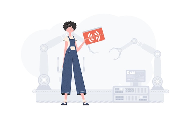 A woman is holding an internet thing icon in her hands Internet of things concept Good for websites and presentations Vector illustration