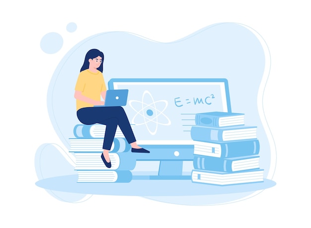 A woman is reading and searching to gain new knowledge trending concept flat illustration