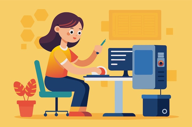 a woman is sitting at a desk focused on a computer screen woman repairing programming simple and minimalist flat vector illustration