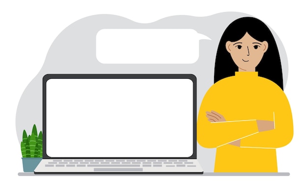 A woman near a laptop stands with his arms crossed There is a white cloud for writing text from his mouth Vector flat illustration