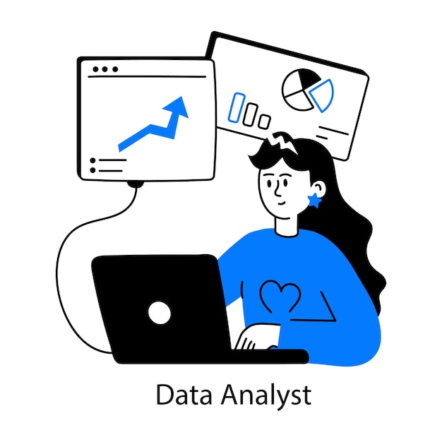 a woman sits at a computer with a blue shirt that says data under it